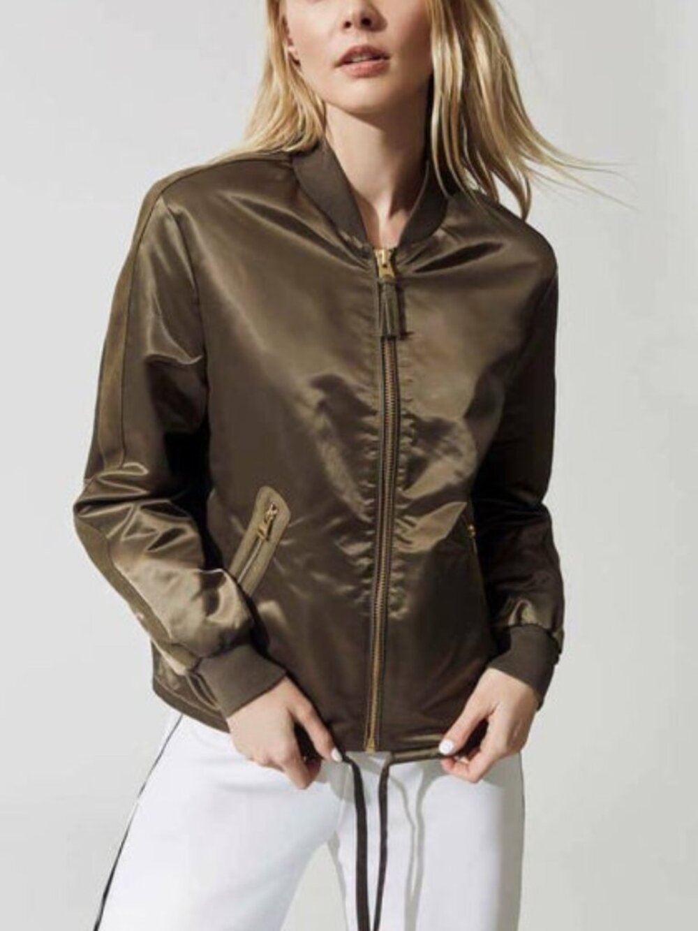 NWOT Mackage Women’s Olive Khaki Satin Bomber Spring Jacket with Gold Zippers, M